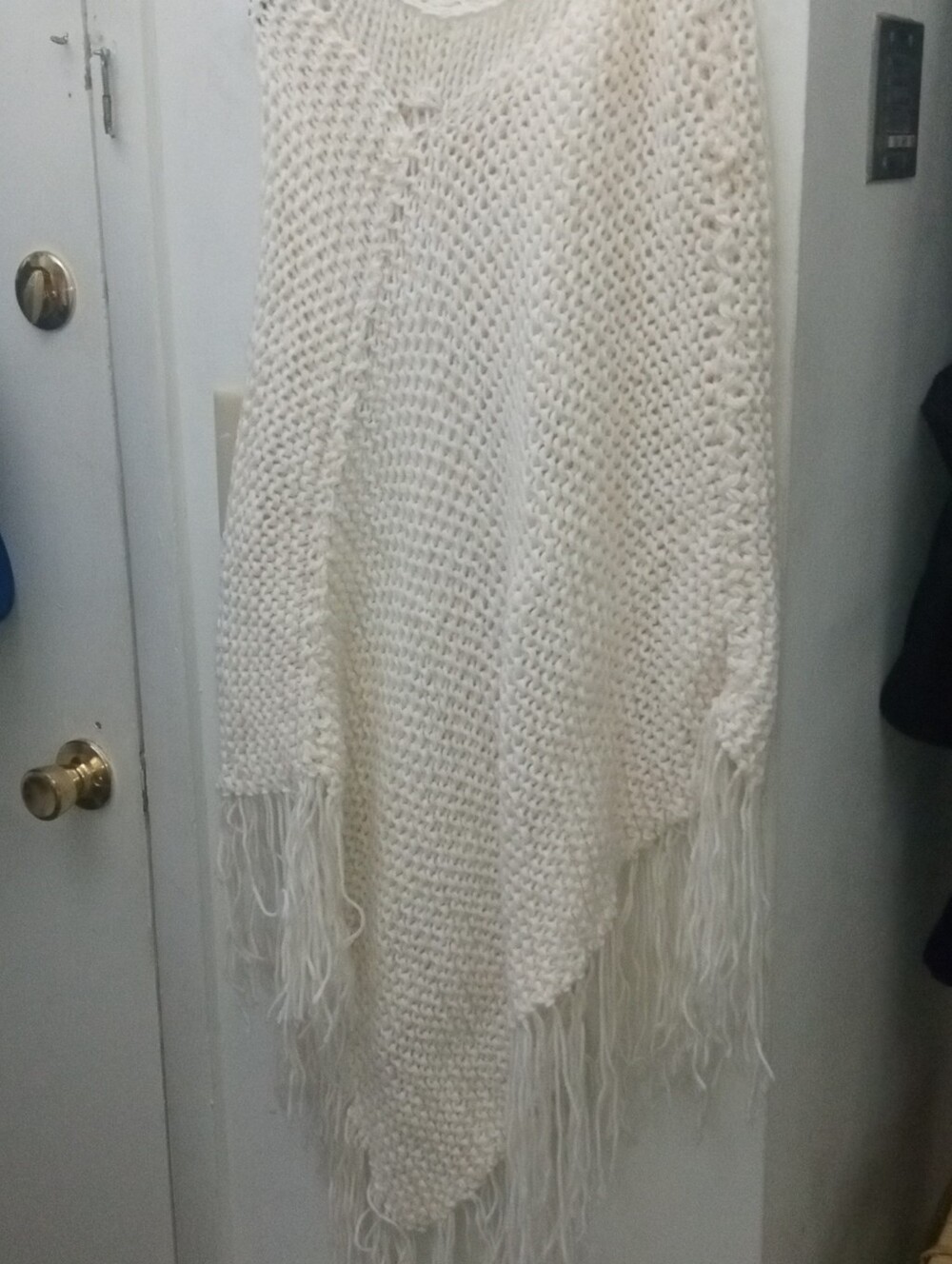 Cream Knit Fringe Poncho Sweater One Size